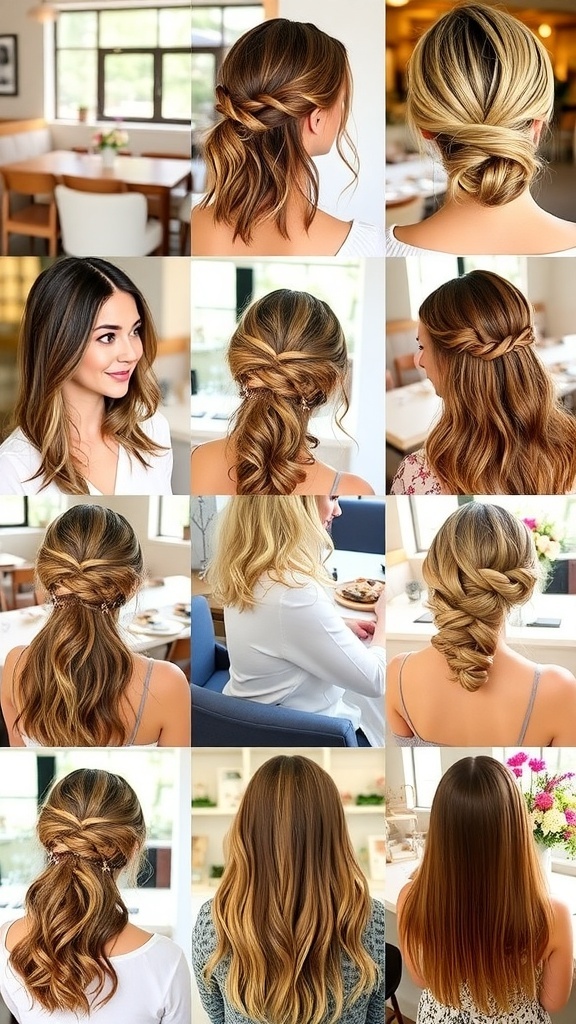 A collection of stylish brunch hairstyles displayed in a bright brunch setting.